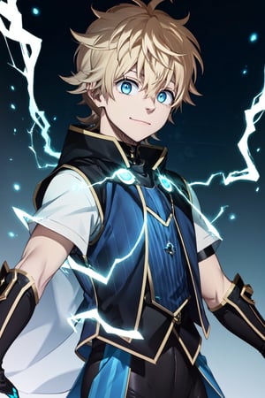 masterpiece, best quality, high quality, 1boy, solo, male focus, looking at viewer, speed trail , luck_voltia, blonde hair, blue eyes, hair between eyes, black bodysuit, (metal_vest:1.5), (blue energy stripes:1.5), casting electricity, blue double cape, toned, dark_background, night