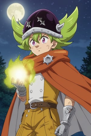 score_9, score_8_up, score_7_up, source_anime, rating_safe, , anime screencap, anime coloring, official style, , , 1boy, solo, male focus, , percival_nnt_mny, green hair, purple eyes, helmet, cowboy shot, night, full moon, floating, smirk, robes, harness, spiked hair, master_piece, metal_gauntlets, darkness, (dirty_clothes:1.3),  hair between eyes, bangs, (dark_clothing:1.5), energy_lines, orange_shoulder_cape