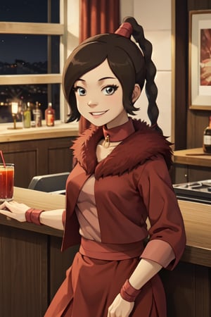 masterpiece, best quality, 1girl, tylee, smile, brown hair, braid, looking at viewer, night, bar, juice, red jacket, fur_collar, smiling