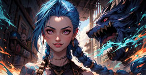 (Jinx, Legue of Legends, Arcane), Tall, thin, with tattoos of sky clouds and weapons on both hands, blue hair. In a chaotic, postpunk background, after a bomb explodes and smoke is seen. She poses like a heroine, a savior, a face with a smile. hyperrealistic effect, More detail XL,LegendDarkFantasy, another bored detail, cinematic scene,DonMB4nsh33XL ,more detail XL,DonM3lv3sXL,jinx (league of legends),ase_sese
Holding_gun, (best quality, masterpiece, colorful, highest detailed), Arcane, flirting, bokeh, (intricate details, hyperdetailed:1.15), full-body_portrait ,JinxLol,underboob tattoo,ase_sese
