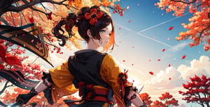 chiori, hair ornament, japanese clothes, kimono, flower, gloves, black gloves, hair flower, elbow gloves, pantyhose, sash, obi, long hair, thighhighs, choker,viewed from behind,best quality,aesthetic,perfect face,expressive eyes,((upper body)),small breasts,hand moving hair, (((half lidded eyes))), parted lips, autumn,sakura flower petals falling,sakura tree,complex, dramatic lighting, rim lighting,outdoors, sunset,holding sword over shoulder,sword behind back, sword running down back,artgerm