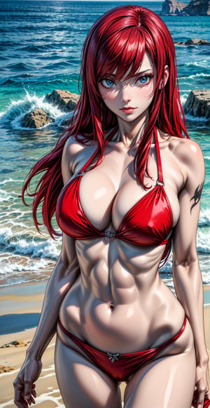 Masterpiece, Best quality, High resolutions, girl, long scarlet hair, attractive face, beautiful eyes, has charm, curveline body, chest 89 cm, waist 59 cm, hip 88 cm, beautiful body, very sexy, red bikini, bottom in the shore of the beach, erza scarlet,erzascarlet,artgerm
