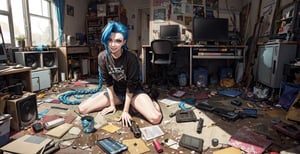 full body,JinxLol,   sexy stare, smirked, inside trashed room, computers, guns, spider on the wall, Vi photo on the wall, crouched 
