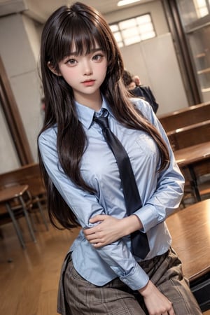 15 year old student, long brown hair pulled up, wearing uniform with long tie, (rounded breast:1.2), school background