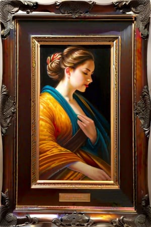 The painting is set within a sturdy wooden frame, which complements the artwork's overall aesthetic. Its borders are embellished with intricate carvings, adding a touch of elegance and sophistication to the masterpiece.
Moving on to the main subject of the painting, a central figure grabs the viewer's attention. The character appears to be a woman, positioned prominently in the foreground. She is depicted in a naturalistic manner, capturing her vitality and conveying a sense of presence. Her vibrant and lifelike features are accentuated by the artist's skillful use of color, light, and shadow.

The painting style employed is reminiscent of realism, where meticulous attention has been given to detail. Every aspect, from the subject's facial expressions to the intricacies of her clothing, is rendered with precision and accuracy. The artist's mastery is evident in the nuanced brushwork and the ability to capture the essence of the human form.
As for the painting materials used, the artist opted for oil paints. This choice allows for greater flexibility, offering a wide range of colors, depth, and texture. The use of oil also gives the painting a lustrous quality, enhancing the overall visual experience for the viewer.
In conclusion, this artwork is a magnificent portrayal of a woman, executed in a realistic style using oil paints. The carefully crafted frame provides an elegant border, emphasizing the importance of the artwork within. The attention to detail and skillful brushwork showcase the artist's talent and create a captivating visual experience.