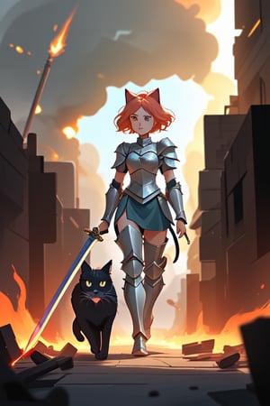 female girl with cat head walking towards wearing battle armour and holding a sword of fire. in the background there is a scene of destruction of a dog like civilization. gloumy atmosphere