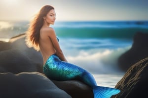 photo-realistic portrait of a mermaid sitting on a rock by the ocean. Use the Canon EOS R5 camera with a 100mm lens at F 1.2 aperture setting to blur the background and isolate the subject. The lighting should be soft and dreamlike with the sun shining on the mermaid’s face and tail. Image inspiration like www.tipseason.com. Use the Midjourney v5 with photorealism mode turned on to create an ultra-realistic image that captures the beauty and mystery of the mermaid. Ideal female body proportions