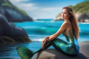 photo-realistic portrait of a mermaid sitting on a rock by the ocean. Use the Canon EOS R5 camera with a 100mm lens at F 1.2 aperture setting to blur the background and isolate the subject. The lighting should be soft and dreamlike with the sun shining on the mermaid’s face and tail. Image inspiration like www.tipseason.com. Use the Midjourney v5 with photorealism mode turned on to create an ultra-realistic image that captures the beauty and mystery of the mermaid. Ideal female body proportions