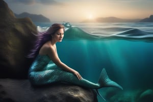 photo-realistic portrait of a mermaid sitting on a rock by the ocean. Use the Canon EOS R5 camera with a 100mm lens at F 1.2 aperture setting to blur the background and isolate the subject. The lighting should be soft and dreamlike with the sun shining on the mermaid’s face and tail. Image inspiration like www.tipseason.com. Use the Midjourney v5 with photorealism mode turned on to create an ultra-realistic image that captures the beauty and mystery of the mermaid.