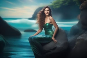 photo-realistic portrait of a mermaid sitting on a rock by the ocean. Use the Canon EOS R5 camera with a 100mm lens at F 1.2 aperture setting to blur the background and isolate the subject. The lighting should be soft and dreamlike with the sun shining on the mermaid’s face and tail. Image inspiration like www.tipseason.com. Use the Midjourney v5 with photorealism mode turned on to create an ultra-realistic image that captures the beauty and mystery of the mermaid.