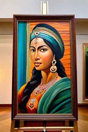 The painting is set within a sturdy wooden frame, which complements the artwork's overall aesthetic. Its borders are embellished with intricate carvings, adding a touch of elegance and sophistication to the masterpiece.
Moving on to the main subject of the painting, a central figure grabs the viewer's attention. The character appears to be a woman, positioned prominently in the foreground. She is depicted in a naturalistic manner, capturing her vitality and conveying a sense of presence. Her vibrant and lifelike features are accentuated by the artist's skillful use of color, light, and shadow.

The painting style employed is reminiscent of realism, where meticulous attention has been given to detail. Every aspect, from the subject's facial expressions to the intricacies of her clothing, is rendered with precision and accuracy. The artist's mastery is evident in the nuanced brushwork and the ability to capture the essence of the human form.
As for the painting materials used, the artist opted for oil paints. This choice allows for greater flexibility, offering a wide range of colors, depth, and texture. The use of oil also gives the painting a lustrous quality, enhancing the overall visual experience for the viewer.
In conclusion, this artwork is a magnificent portrayal of a woman, executed in a realistic style using oil paints. The carefully crafted frame provides an elegant border, emphasizing the importance of the artwork within. The attention to detail and skillful brushwork showcase the artist's talent and create a captivating visual experience.