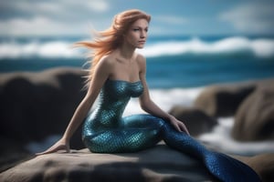 photo-realistic portrait of a mermaid sitting on a rock by the ocean. Use the Canon EOS R5 camera with a 100mm lens at F 1.2 aperture setting to blur the background and isolate the subject. The lighting should be soft and dreamlike with the sun shining on the mermaid’s face and tail. Image inspiration like www.tipseason.com. Use the Midjourney v5 with photorealism mode turned on to create an ultra-realistic image that captures the beauty and mystery of the mermaid.