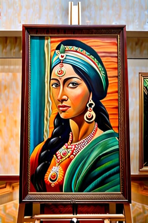 The painting is set within a sturdy wooden frame, which complements the artwork's overall aesthetic. Its borders are embellished with intricate carvings, adding a touch of elegance and sophistication to the masterpiece.
Moving on to the main subject of the painting, a central figure grabs the viewer's attention. The character appears to be a woman, positioned prominently in the foreground. She is depicted in a naturalistic manner, capturing her vitality and conveying a sense of presence. Her vibrant and lifelike features are accentuated by the artist's skillful use of color, light, and shadow.

The painting style employed is reminiscent of realism, where meticulous attention has been given to detail. Every aspect, from the subject's facial expressions to the intricacies of her clothing, is rendered with precision and accuracy. The artist's mastery is evident in the nuanced brushwork and the ability to capture the essence of the human form.
As for the painting materials used, the artist opted for oil paints. This choice allows for greater flexibility, offering a wide range of colors, depth, and texture. The use of oil also gives the painting a lustrous quality, enhancing the overall visual experience for the viewer.
In conclusion, this artwork is a magnificent portrayal of a woman, executed in a realistic style using oil paints. The carefully crafted frame provides an elegant border, emphasizing the importance of the artwork within. The attention to detail and skillful brushwork showcase the artist's talent and create a captivating visual experience.