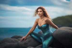 photo-realistic portrait of a mermaid sitting on a rock by the ocean. Use the Canon EOS R5 camera with a 100mm lens at F 1.2 aperture setting to blur the background and isolate the subject. The lighting should be soft and dreamlike with the sun shining on the mermaid’s face and tail. Image inspiration like www.tipseason.com. Use the Midjourney v5 with photorealism mode turned on to create an ultra-realistic image that captures the beauty and mystery of the mermaid. Ideal female body proportions, big bust