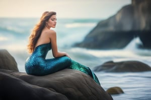 photo-realistic portrait of a mermaid sitting on a rock by the ocean. Use the Canon EOS R5 camera with a 100mm lens at F 1.2 aperture setting to blur the background and isolate the subject. The lighting should be soft and dreamlike with the sun shining on the mermaid’s face and tail. Image inspiration like www.tipseason.com. Use the Midjourney v5 with photorealism mode turned on to create an ultra-realistic image that captures the beauty and mystery of the mermaid.