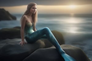 photo-realistic portrait of a mermaid sitting on a rock by the ocean. Use the Canon EOS R5 camera with a 100mm lens at F 1.2 aperture setting to blur the background and isolate the subject. The lighting should be soft and dreamlike with the sun shining on the mermaid’s face and tail. Image inspiration like www.tipseason.com. Use the Midjourney v5 with photorealism mode turned on to create an ultra-realistic image that captures the beauty and mystery of the mermaid.