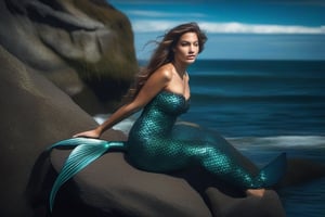 photo-realistic portrait of a mermaid sitting on a rock by the ocean. Use the Canon EOS R5 camera with a 100mm lens at F 1.2 aperture setting to blur the background and isolate the subject. The lighting should be soft and dreamlike with the sun shining on the mermaid’s face and tail. Image inspiration like www.tipseason.com. Use the Midjourney v5 with photorealism mode turned on to create an ultra-realistic image that captures the beauty and mystery of the mermaid.