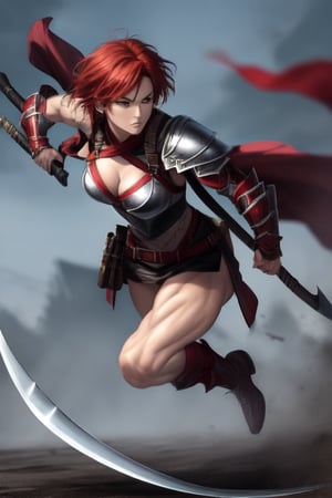 a muscular warrior lady with beautiful face and short red hair holding a battle scythe wearing red full body armor running forwards for battle.