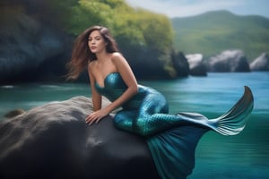 photo-realistic portrait of a mermaid sitting on a rock by the ocean. Use the Canon EOS R5 camera with a 100mm lens at F 1.2 aperture setting to blur the background and isolate the subject. The lighting should be soft and dreamlike with the sun shining on the mermaid’s face and tail. Image inspiration like www.tipseason.com. Use the Midjourney v5 with photorealism mode turned on to create an ultra-realistic image that captures the beauty and mystery of the mermaid. Ideal female body proportions