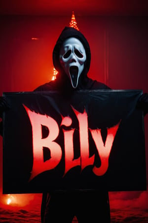 a guy standing at dark bedroom room, (((holding a big black sign with (("Billy Loomis")) text logo, red, black, glow red, glowing:1.3) with her hands))), (Christmas hat), dark night, ghost face mask, ghost face costume, (full body:1.2), big body, head tilted, focus on viewer, side view, dramatic photoshoot, DSLR, masterpiece, ultra high quality, ultra high resolution, detailed background, dramatic lighting, low key, dark tone,ghostface mask,text logo,