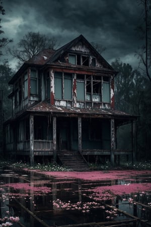 (masterpiece, best quality, very aesthetic, ultra detailed), intricate details, (no human. flower at Forest. Abandoned house), (rainy day. Rain. Cloudy. Wet ground. Water reflection. Gloomy. Ambient. Horror. Creepy. Dark), aesthetic