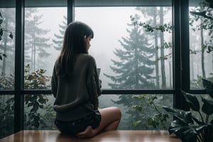a girl sitting at chair looking at window, indoor, table, coffee, sad girl, forest  landscape background at window, fog, rain drop at window, rainy, plant, flower, laptop, cat, sweater, short pants, full body, back view, from below, ultra high quality, ultra high resolution, detailed background, low key, dark tone, 8k