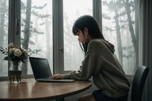 a girl sitting at chair looking at window, table, coffee, sad girl, forest, fog, rain drop at window, rainy, flower, laptop, cat, sweater, short pants, full body, back view, from below, ultra high quality, ultra high resolution, detailed background, low key, dark tone, 8k
