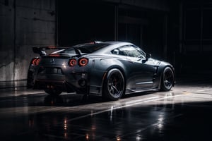 A raw photo of car, masterpiece, detailed car, detailed around, soft light, high res, high quality, 1car, black glossy, nissan GT-R pandem rocket bunny, twilight, detailed background, low key, dark tone, muted color, 8k