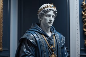 (masterpiece, best quality, very aesthetic, ultra detailed), intricate details, (a aesthetic sculpture man statue at elegant room. White gray statue). Blue wall. All blue stuff. Blue vibes. Blue aesthetic), (medium close up), (wearing real black robe. Gold crown), (front view. front focus), 8k,Extremely Realistic, more detail XL