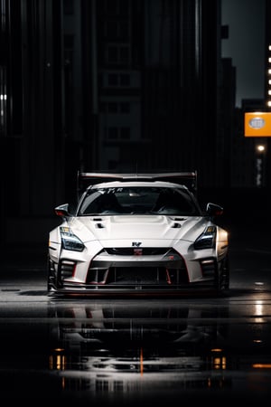 Nissan GT-R R35 pandem rocket Bunny at Street, white car, day, dynamic shadow, wet reflection, masterpiece, ultra high quality, ultra high resolution, ultra realistic, ultra reflection, detailed background, dark shot, muted color, dark tone, low key, 8k