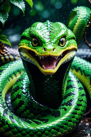 Masterpiece, a green viper snake with beautiful eyes, creepy and angry snake, bokeh, rainy, wet body, up close, beautiful lighting, ultra realistic, ultra reflection, ultra detailed, ultra high quality, ultra high resolution, 8k, 
more detail XL,HellAI,monster