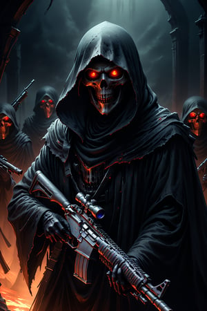 Masterpiece, ultra high res, ultra high quality, a grim reaper standing at dark place, dark background, cloak, hooded, red glowing eyes, upper body, (holding an assaults rifles with two hands), focus on viewer, front view, low key, dark tone, ultra detailed, ultra realistic, ultra reflection, 8k,M16 Rifle series,HellAI,more detail XL