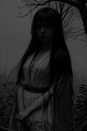 monochrome, greyscale, dark, 1girl, solo, long hair, tree, glowing, traditional media, glowing eyes, front view, front focus,