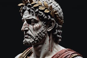 (masterpiece, best quality, very aesthetic, ultra detailed), intricate details, (aesthetic greek roman head statue. (Head only). Bloodied statue. Creepy statue, (Simple Black background), (side view. ((From far)), (dark. Muted color. Low key), 8k, Extremely Realistic, more detail XL