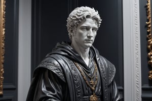 (masterpiece, best quality, very aesthetic, ultra detailed), intricate details, (a aesthetic sculpture man statue at elegant room. White gray statue). Black wall),(medium close up), (wearing real black robe), (front view. front focus), 8k,Extremely Realistic, more detail XL