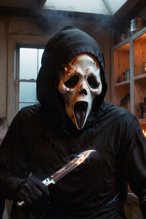 a girl standing at kitchen room, kitchen interior, white room, ghostface mask, ghostface costume, (upper body), (burning clothes. Burned girl), medium breast, head tilted, (holding knife. attack pose), looking at viewer, front view, from below, ultra high quality, ultra high resolution, detailed background, dramatic lighting, muted color, luts, low key, dark tone,ghostface mask,HellAI,fire