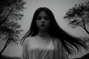 monochrome, greyscale, dark, 1girl, solo, long hair, tree, glowing, traditional media, glowing eyes, standing around lake, beautiful, cute, white skin, modest black clothing, upper body, hair blown by the wind, front view, front focus, focus on viewer, from below