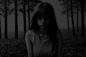 monochrome, greyscale, dark, 1girl, solo, long hair, tree, glowing, traditional media, glowing eyes, front view, front focus,