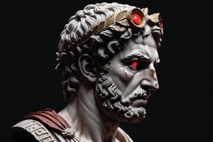 (masterpiece, best quality, very aesthetic, ultra detailed), intricate details, (aesthetic greek roman head statue. (Head only). Red eyes. Creepy statue, (Simple Black background), (side view. ((From far)), (dark. Muted color. Low key), 8k, Extremely Realistic, more detail XL