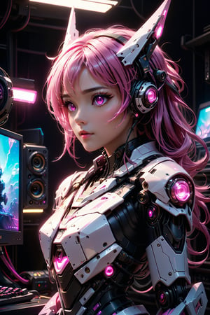(((Masterpiece))), (((Hyperrealistic))), (((Extremely Detailed))), (((Extremely High Quality))), A mecha gaming girl, cute, neck are wires, pink glowing eyes, standing at gaming room, monitor, gaming computer, pink light, bedroom, looking to viewer, (side view1:2), (upper body:1.2), dramatic lighting, ultra high quality, ultra high res, ultra realistic, ultra reflection, ultra detailed, ultra detailed lighting, ultra detailed background, ultra detailed around, 4K, 8K, 16K, monster, HellAI