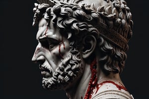 (masterpiece, best quality, (very aesthetic), ultra detailed), intricate details, (aesthetic greek roman head statue. (Head only). Bloodied statue. Creepy statue, (Simple Black background), (side view. ((Medium close up)), (dark. Muted color. Low key), 8k, Extremely Realistic, more detail XL