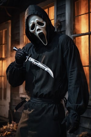 a guy standing at dark house, window, dark night, ghost face mask, ghost face costume, (full body:1.2), big body, head tilted, holding an hunting knife in one hand, smoke, spooky house, focus on viewer, side view, dramatic photoshoot, canon, masterpiece, ultra high quality, ultra high resolution, detailed background, dramatic lighting, low key, dark tone, ghostface mask,cinematic  moviemaker style,ghostface mask