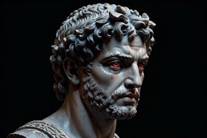 (masterpiece, best quality, very aesthetic, ultra detailed), intricate details, (aesthetic greek roman head statue. (Head only). Red eyes), (Simple Black background), (front view. (From far), (dark. Muted color. Low key), 8k, Extremely Realistic, more detail XL