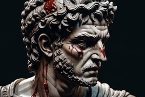 (masterpiece, best quality, (very aesthetic), ultra detailed), intricate details, (aesthetic greek roman head statue. (Head only). Bloodied statue. Creepy statue, (Simple Black background), (side view. ((Medium close up)), (dark. Muted color. Low key), 8k, Extremely Realistic, more detail XL