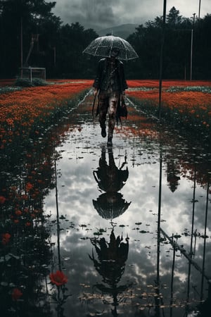 (masterpiece, best quality, very aesthetic, ultra detailed), intricate details, (many zombie walk at flower field), (rainy day. Wet ground. Water reflection. Gloomy), aesthetic