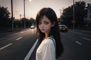 (masterpiece, best quality, very aesthetic, ultra detailed), intricate details, 1girl, ((standing at sidewalk. road bridge. fencing wire behind her)). (White dress), (Cute. Innocent. Beautiful. Crying. Tears), (pale skin. (Black eyes:1.3). Long brown hair. In ear hair), (upper body:1.3), Up close, (outdoor), (front view). From below. (Focus on viewer. looking at viewer), ((night. Road light)), (ultra realistic. Ultra realistic lighting. Ultra realistic reflection. Ultra detailed), 8k, aesthetic,More Detail