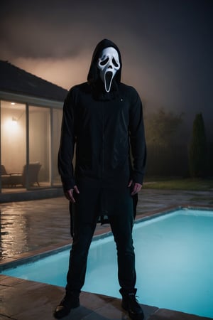 a guy standing at pool modern house, dark night, ghost face mask, ghost face costume, (full body:1.2), big body, head tilted, fog, modern house background, focus on viewer, side view, dramatic photoshoot, DSLR, masterpiece, ultra high quality, ultra high resolution, detailed background, dramatic lighting, low key, dark tone,cinematic  moviemaker style,ghostface mask