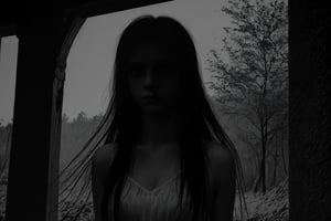 monochrome, greyscale, dark, 1girl, solo, long hair, tree, glowing, traditional media, glowing eyes, front view, front focus,