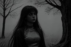 monochrome, greyscale, dark, 1girl, solo, long hair, tree, glowing, traditional media, glowing eyes, front view, front focus,