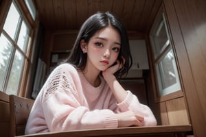 (masterpiece, best quality, very aesthetic, ultra detailed), intricate details, (a girl sitting at chair. Inside of cabin. Realistic light. Night. Window. Forest), (white sweater), (beautiful face. Cute. Sad. Lonely), (upper body), (white skin. Medium in ear black hair. Black eyes. Pink lips), (front view. From below. Focus on viewer), 8k